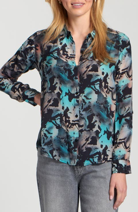 Abstract Print Roll Tab Sleeve Chiffon Button-Up Shirt