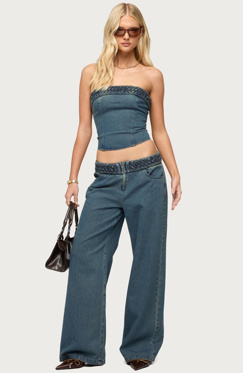 EDIKTED Braidey Strapless Lace-Up Denim Crop Top, Alternate, color,