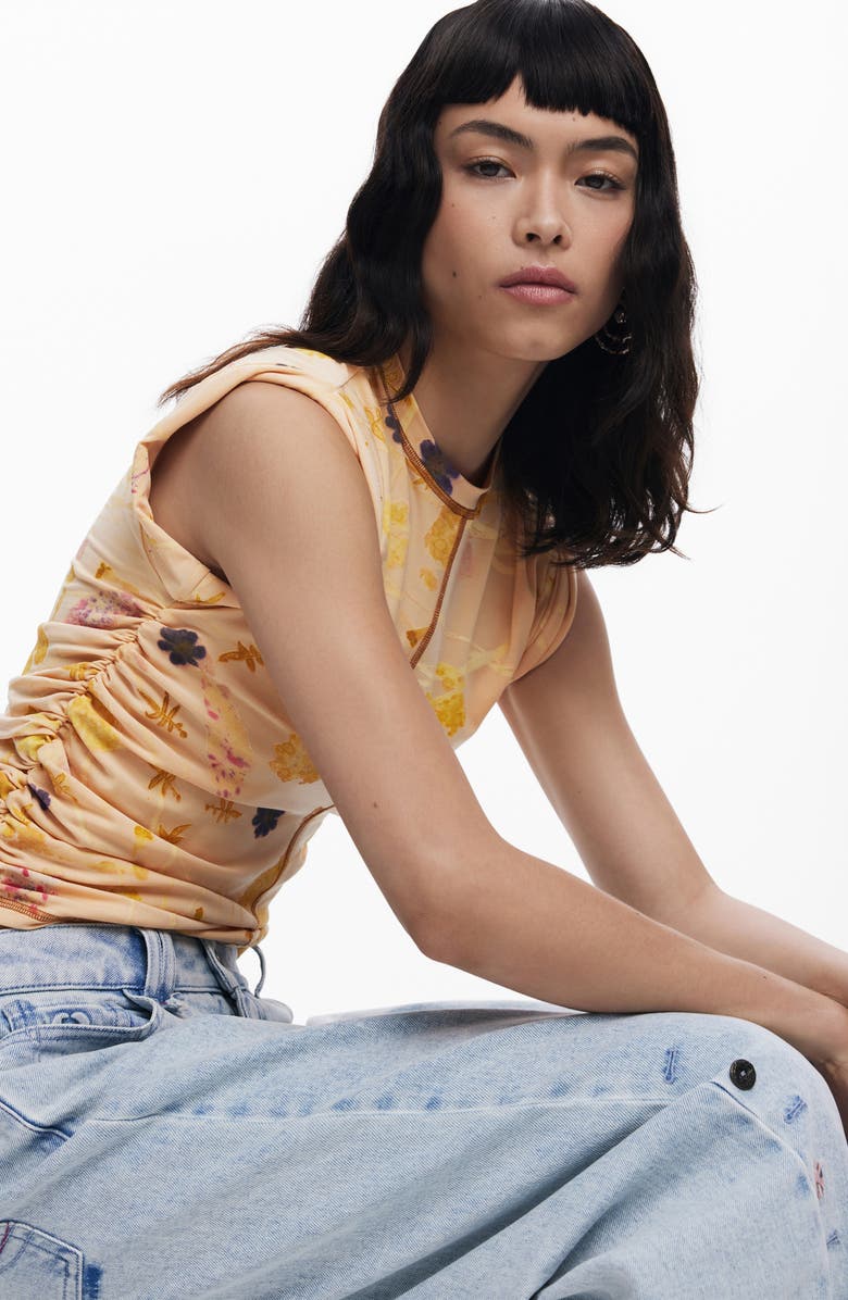 Desigual Floral Exposed Seam Top, Alternate, color, Beige