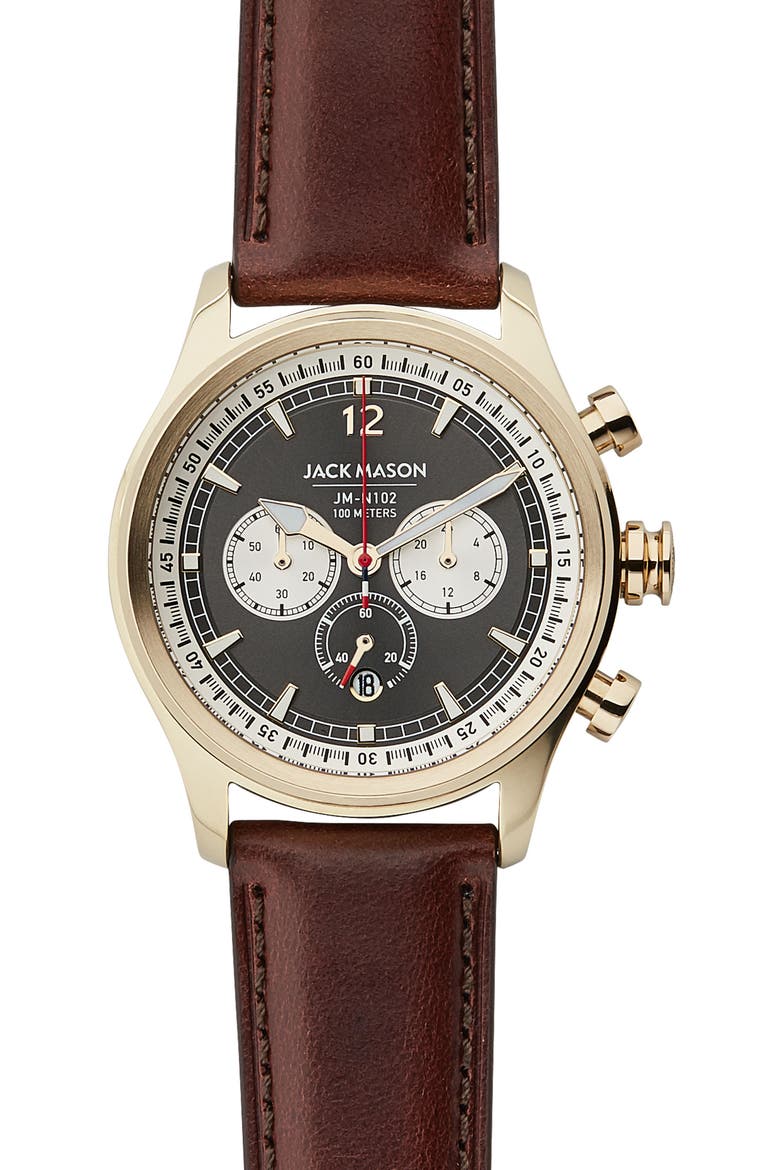 Nautical Chronograph Leather Strap Watch, 42mm, Main, color, GREY/ BROWN