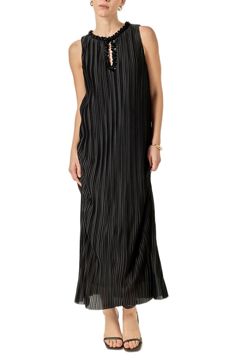 Embellished Plissé Sleeveless Maxi Dress, Main, color, BLACK