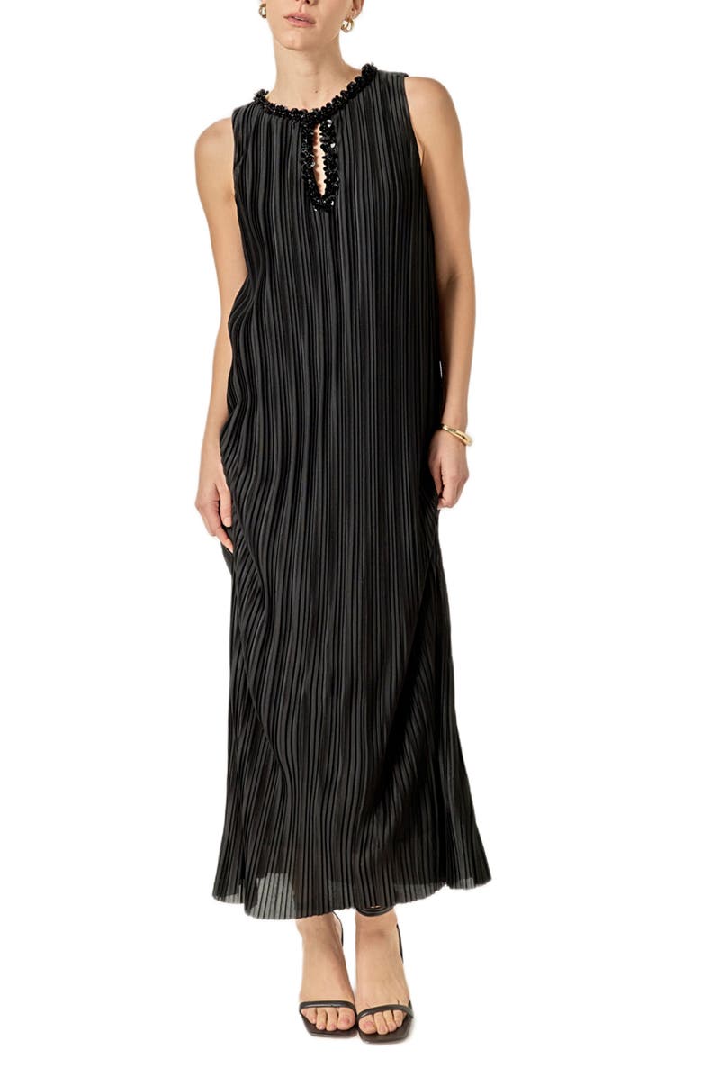 English Factory Embellished Plissé Sleeveless Maxi Dress, Main, color, Black