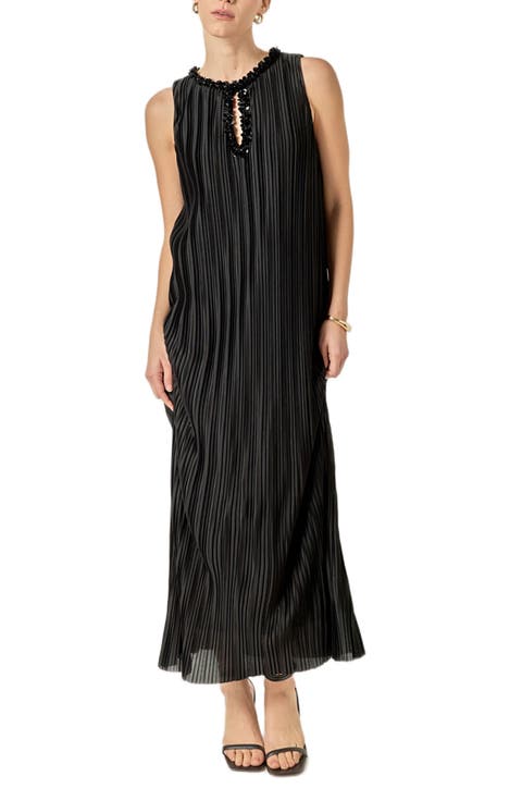 Embellished Plissé Sleeveless Maxi Dress