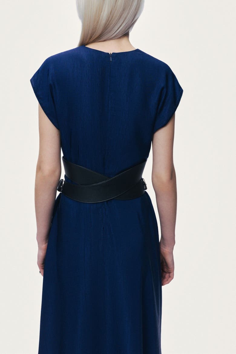 V-Neck Belted Midi Dress, Alternate, color, Navy