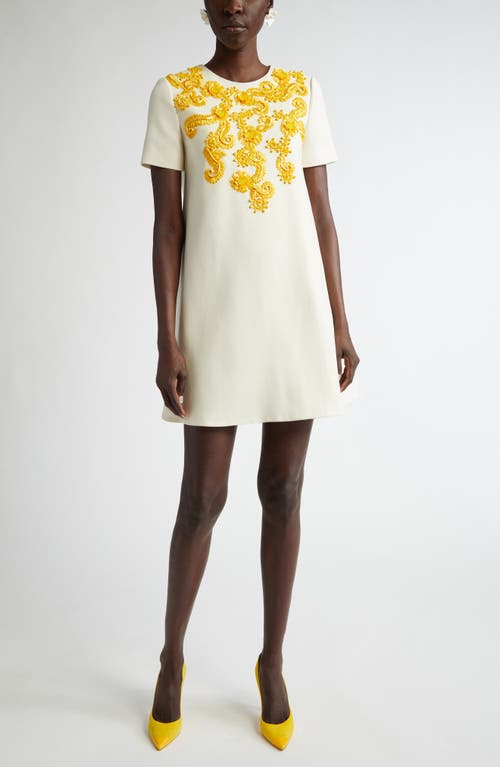 Carolina Herrera Embellished Bodice Stretch Virgin Wool Shift Dress In Ivory Multi