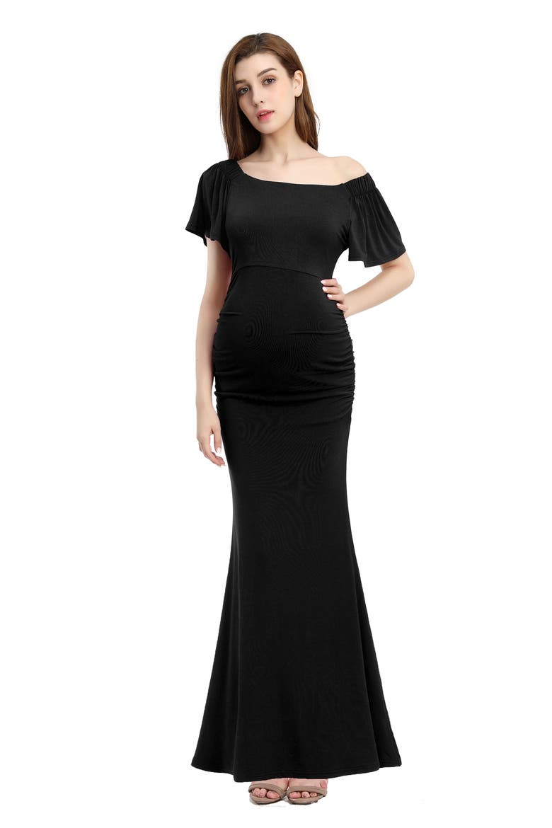 Abigail Off the Shoulder Maternity Trumpet Gown, Alternate, color, BLACK