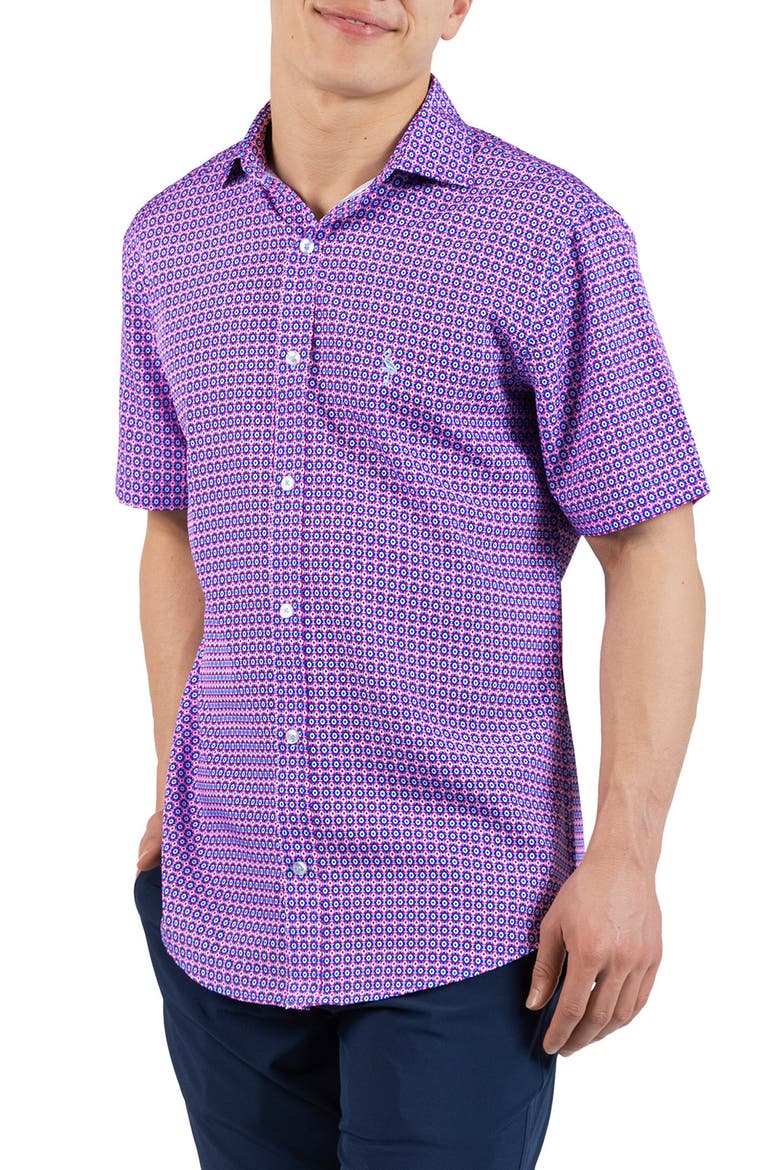 Moroccan Tile Short Sleeve Button-Up Shirt, Alternate, color, PINK