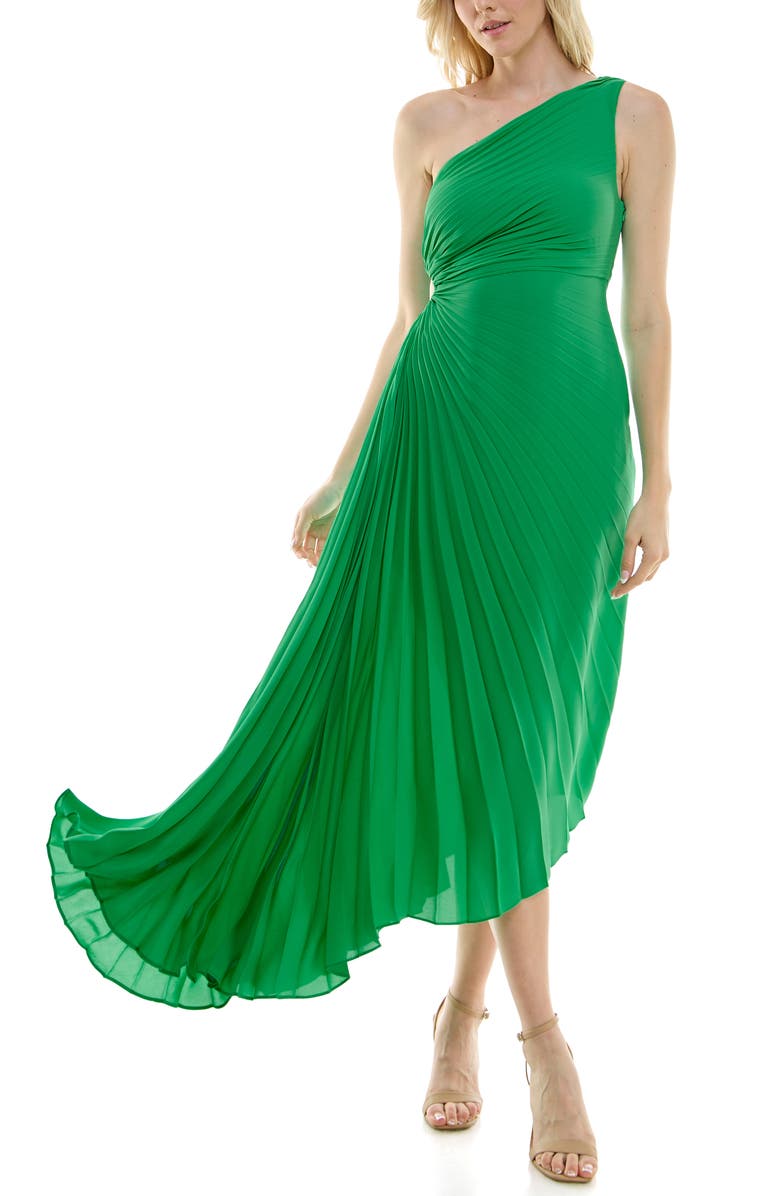 Nicole Miller One Shoulder Pleat Midi Dress, Alternate, color, Lily Pad