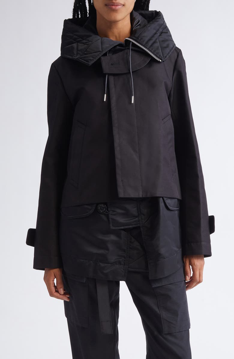 Sacai Hooded Mixed Media Jacket, Main, color, Black