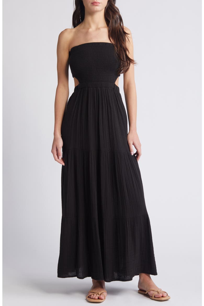 Premium Surf Strapless Cutout Maxi Dress, Main, color, BLACK