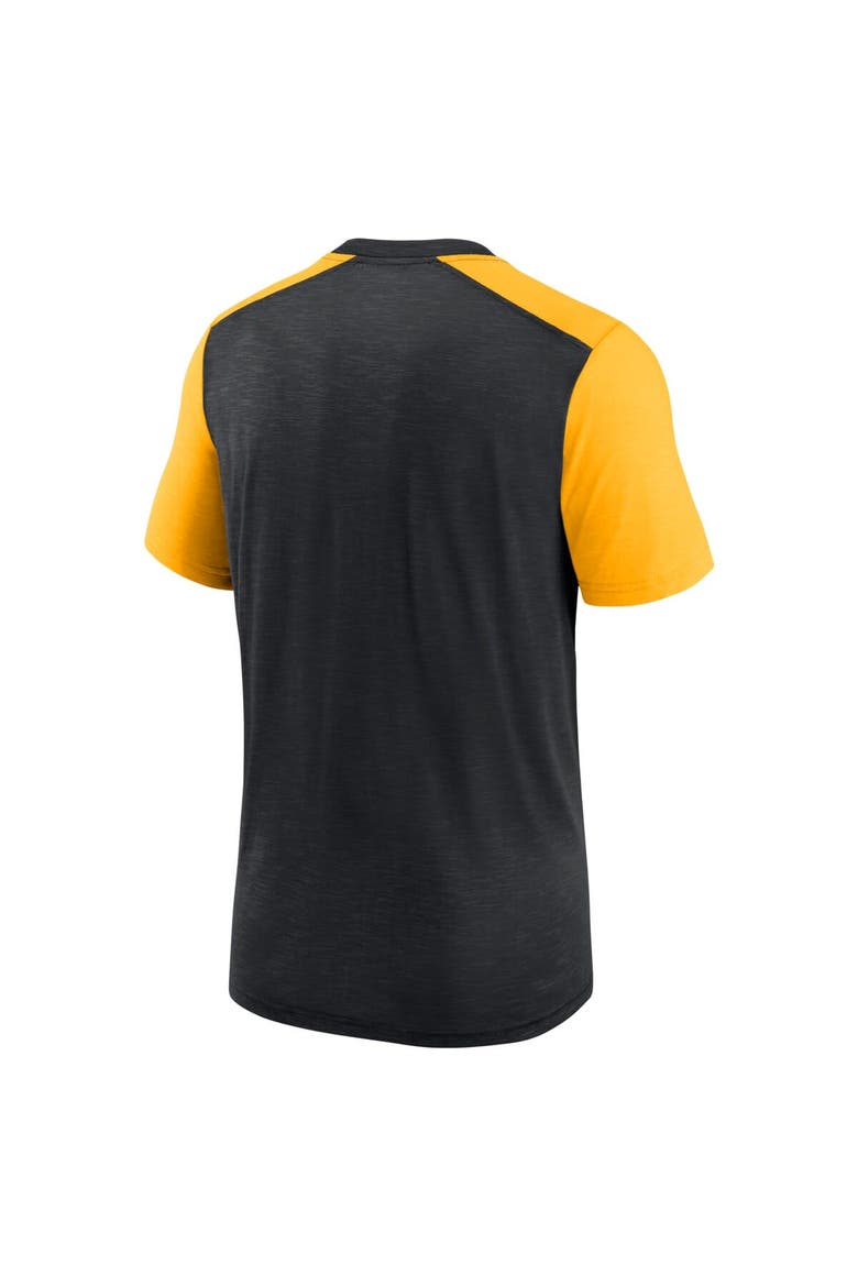 Men's Nike Heathered Black/Heathered Gold Pittsburgh Steelers Color Block Team Name T-Shirt, Alternate, color, Heather Black