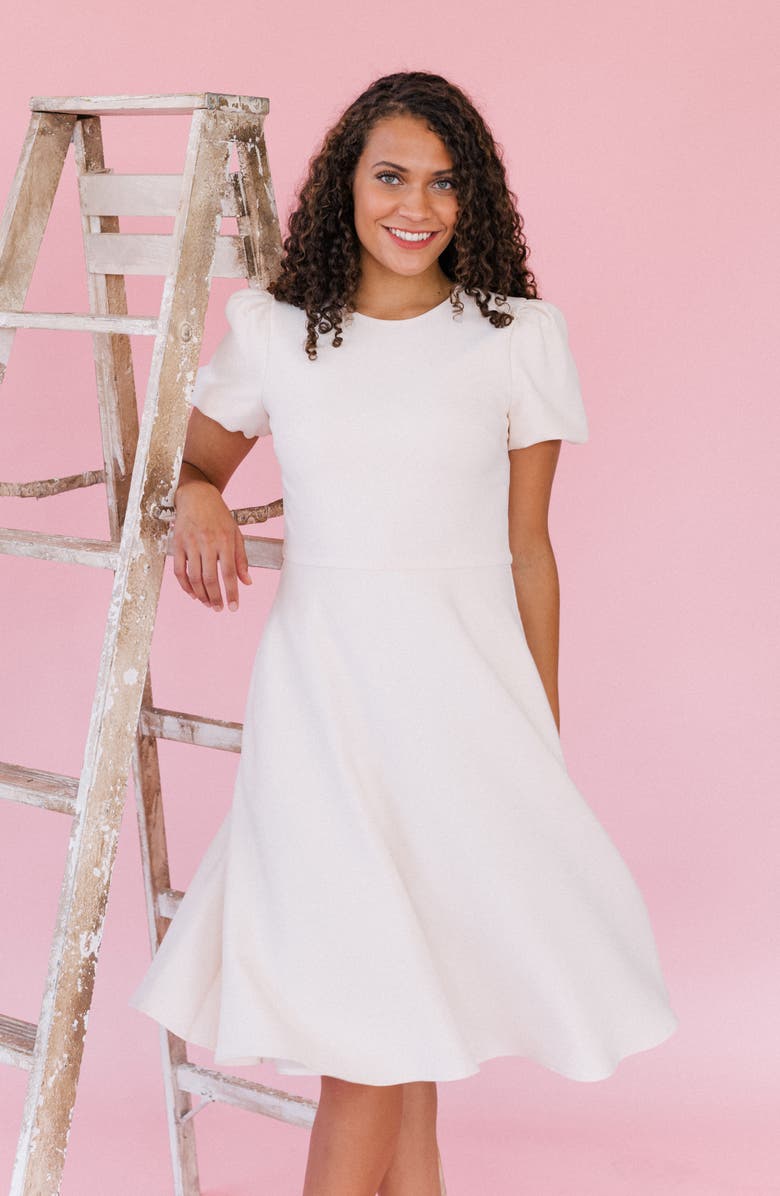 Gal Meets Glam Collection Krista Puff Sleeve Crepe Fit & Flare Dress, Alternate, color,