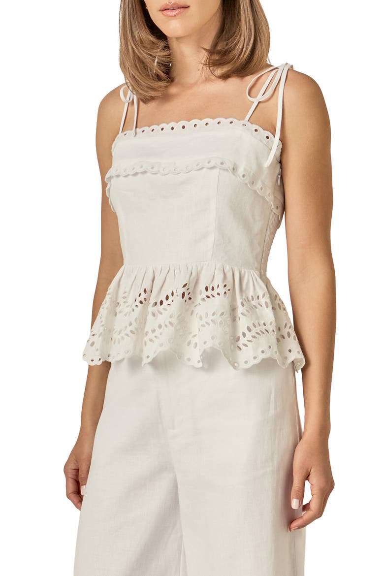 Eyelet Tie Shoulder Linen Peplum Top, Alternate, color, OFF WHITE