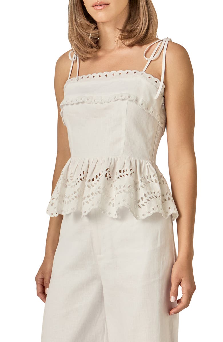 English Factory Eyelet Tie Shoulder Linen Peplum Top, Alternate, color, Off White