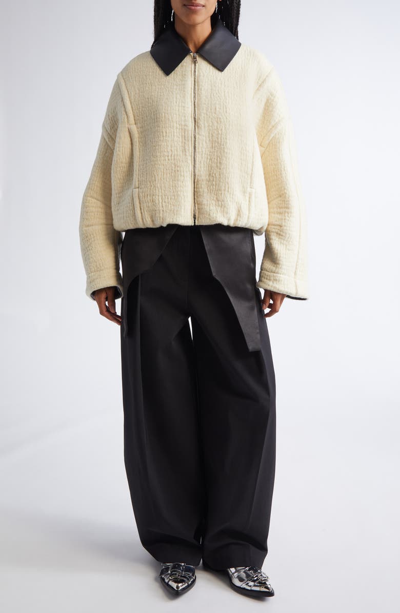 Jean Paul Gaultier Lambskin Leather Collar Bomber Jacket, Alternate, color, Ecru/ Black