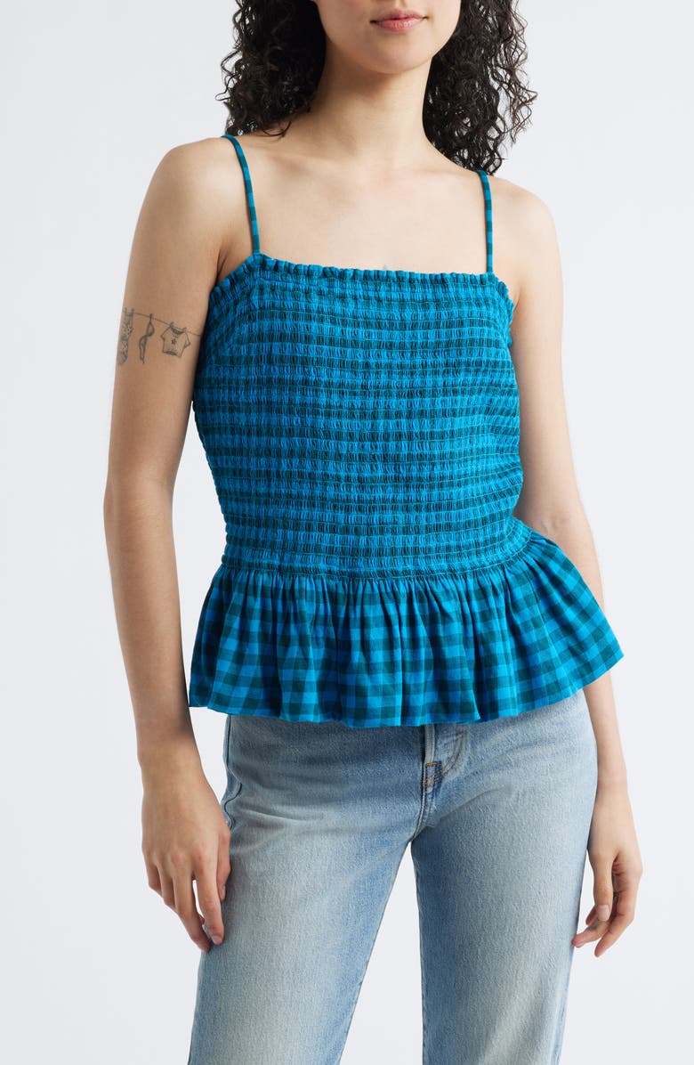 Free People Sundance Gingham Peplum Tank, Main, color, Teal Combo