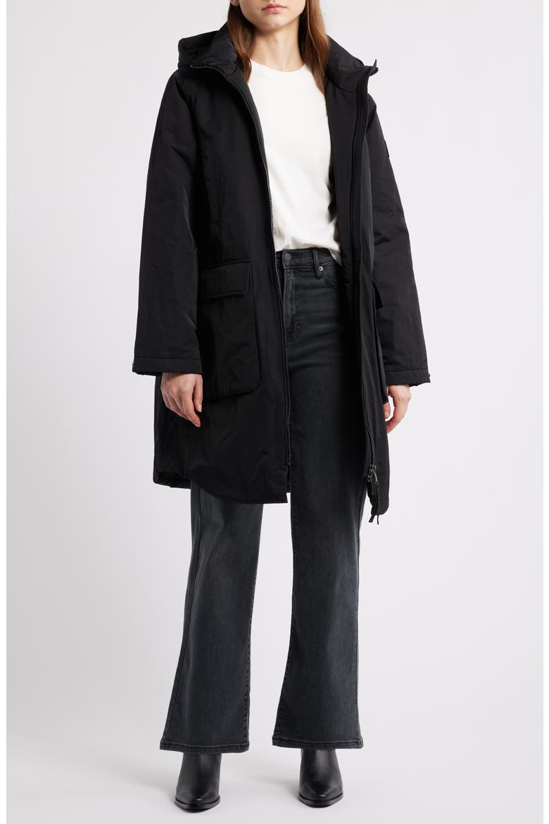 Memory Nylon Long Hooded Jacket, Alternate, color, BLACK