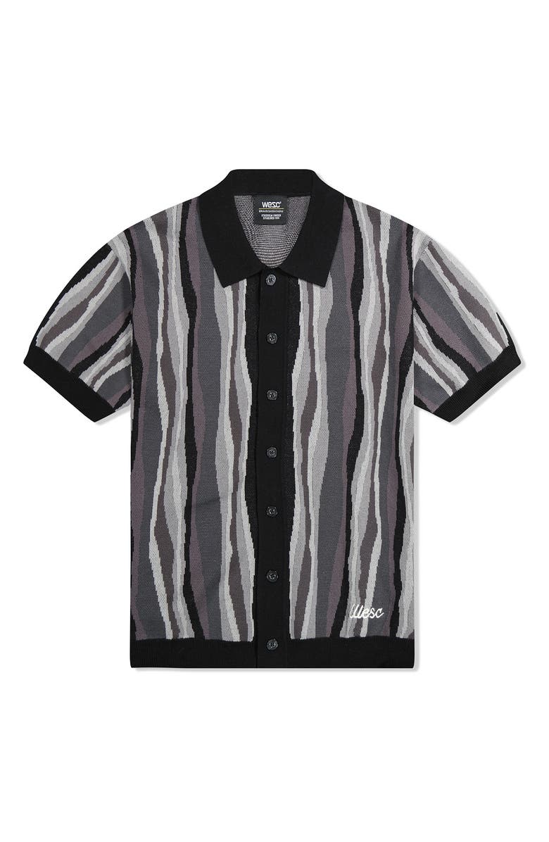 WeSC Stripe Short Sleeve Cotton Cardigan, Main, color, Black