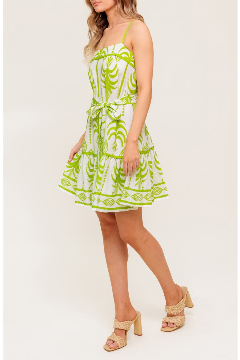 Abstract Frond Belted Linen Minidress, Alternate, color, IVORY GREEN