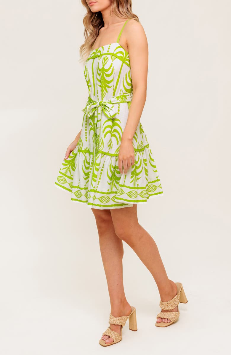 FLYING TOMATO Abstract Frond Belted Linen Minidress, Alternate, color, Ivory Green