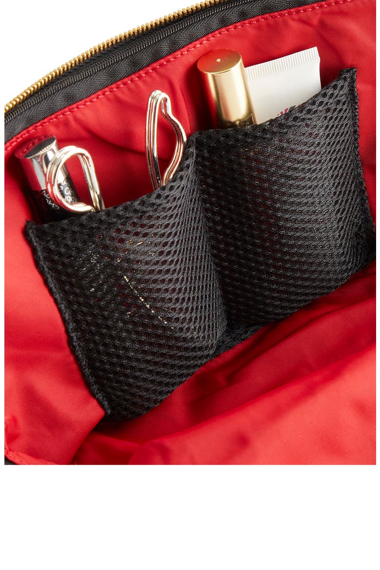 Signature Leather Makeup Bag, Alternate, color, CAMEL LEATHER/ RED