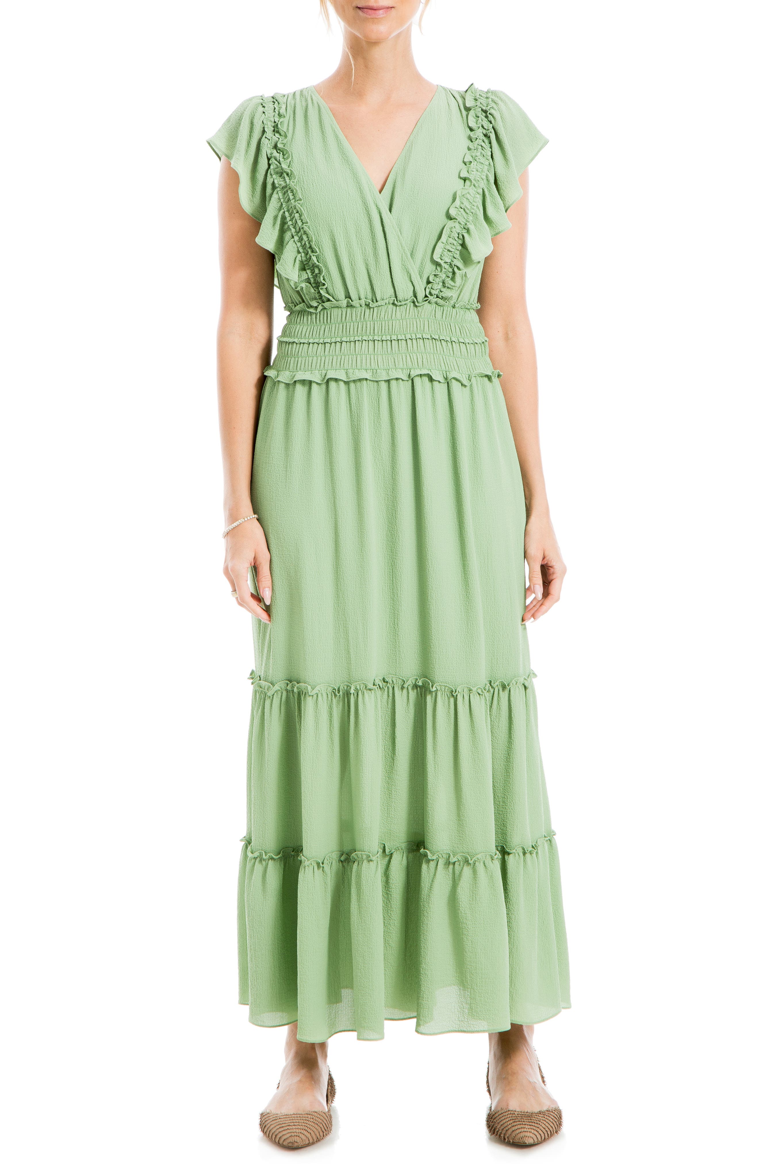 Pebble Crepe Flutter Sleeve Maxi Dress