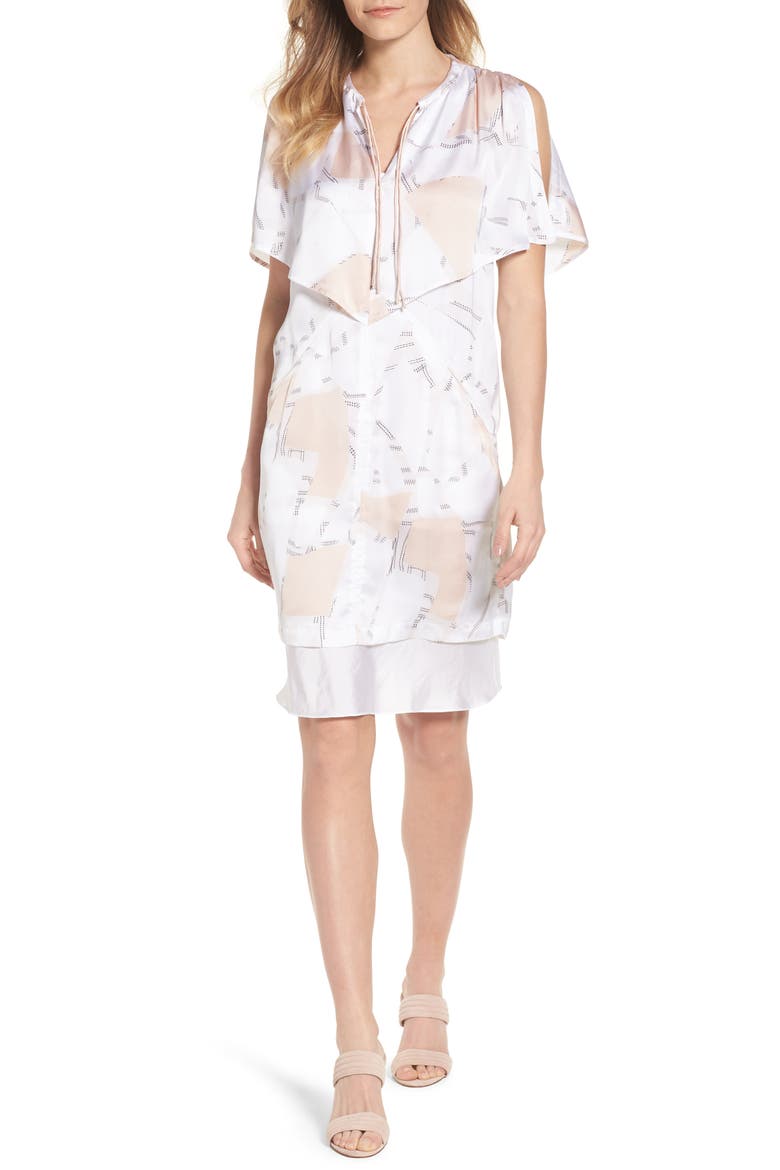 Capelet Cold Shoulder Dress, Alternate, color, FLOATING SHAPES WHITE