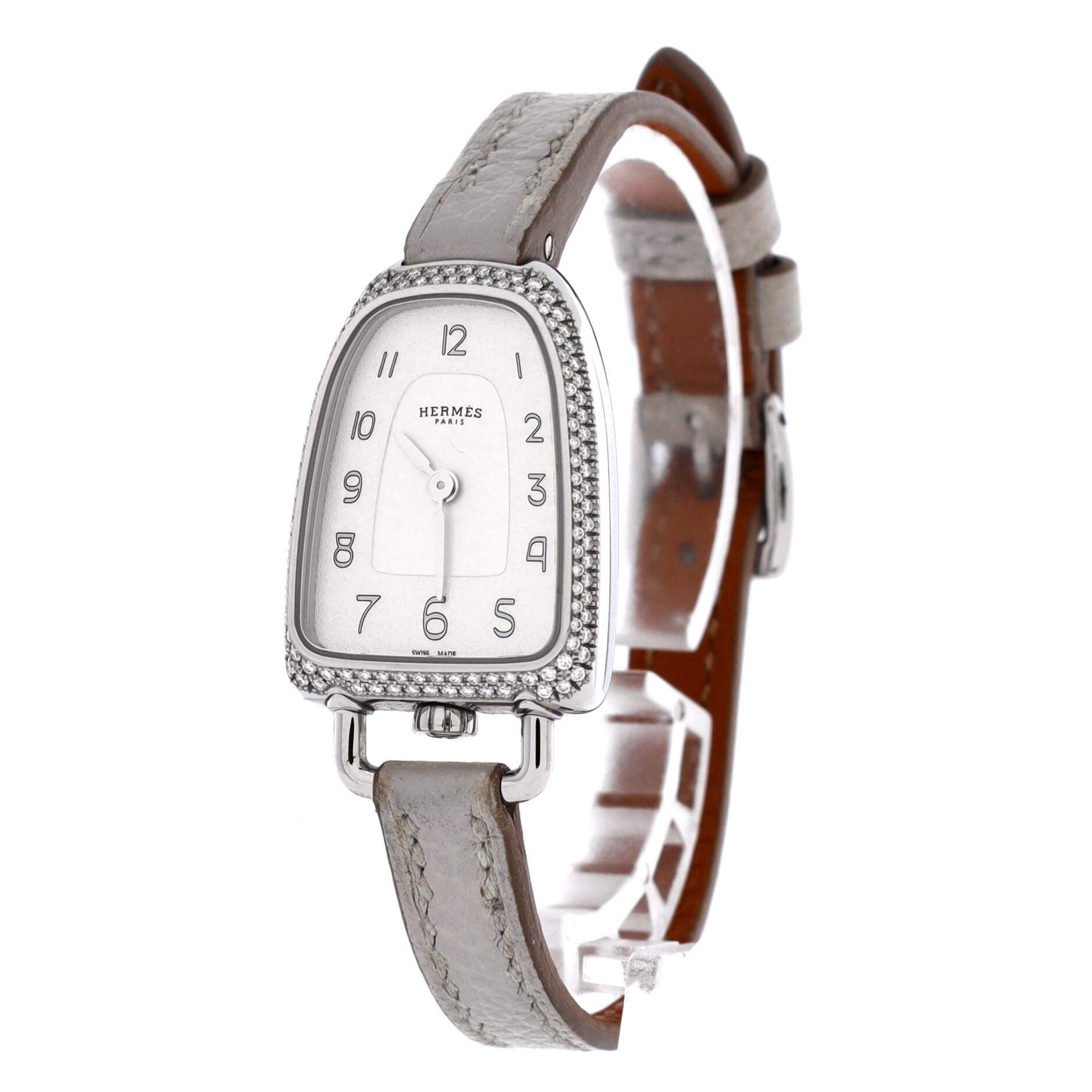 Galop d'Hermes Quartz Watch Stainless Steel and Leather with Diamond Bezel 21, Alternate, color, Grey