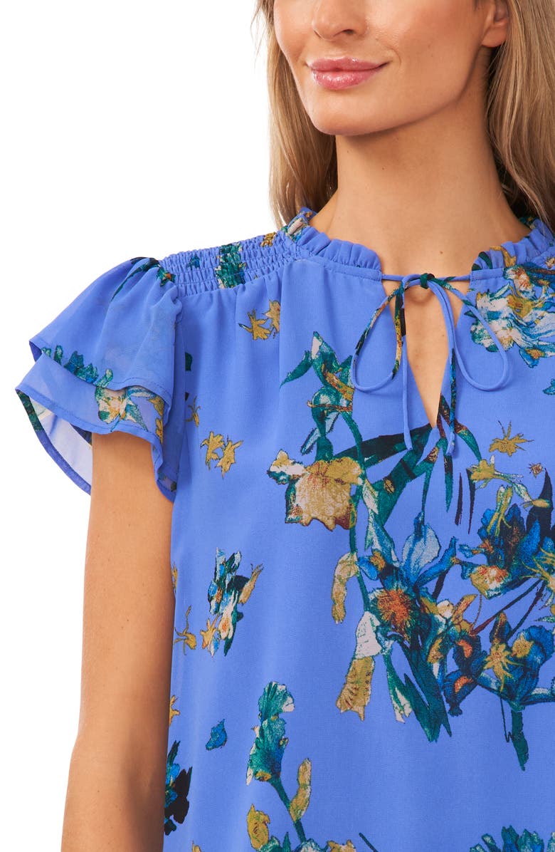 CeCe Floral Tie Neck Flutter Sleeve Top, Alternate, color, 