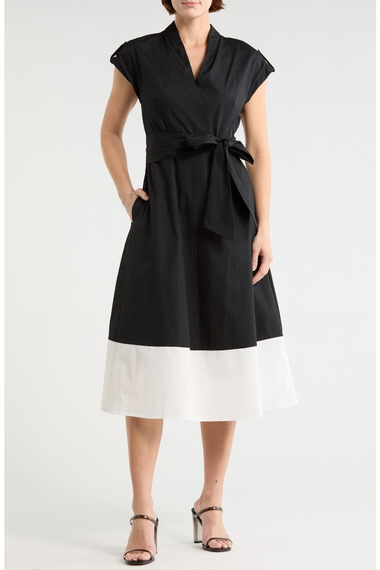 Colorblock Cap Sleeve Cotton Poplin Midi Dress, Main, color, IVORY BLACK