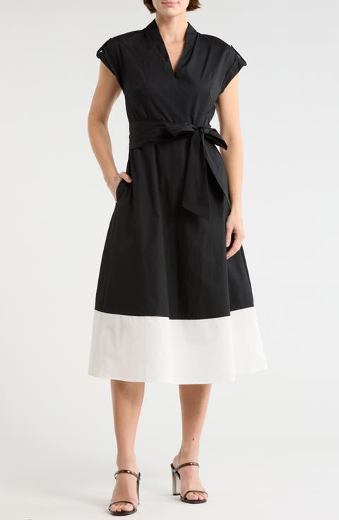 Colorblock Cap Sleeve Cotton Poplin Midi Dress
