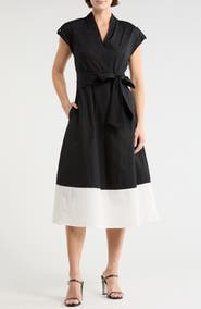 Vince Camuto Colorblock Cap Sleeve Cotton Poplin Midi Dress