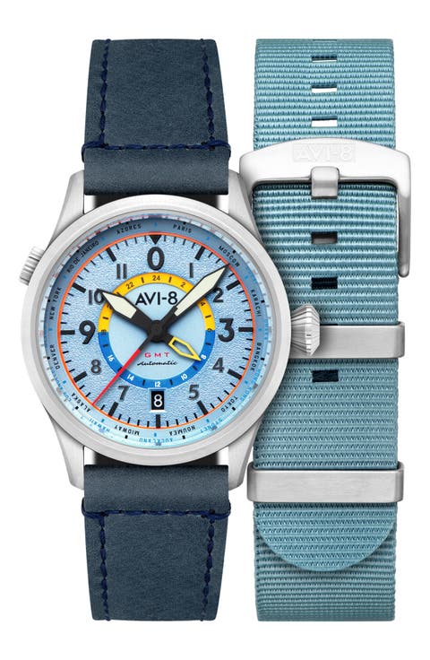 Flyboy Wingman Worldtime Automatic Leather Strap Watch, 41mm