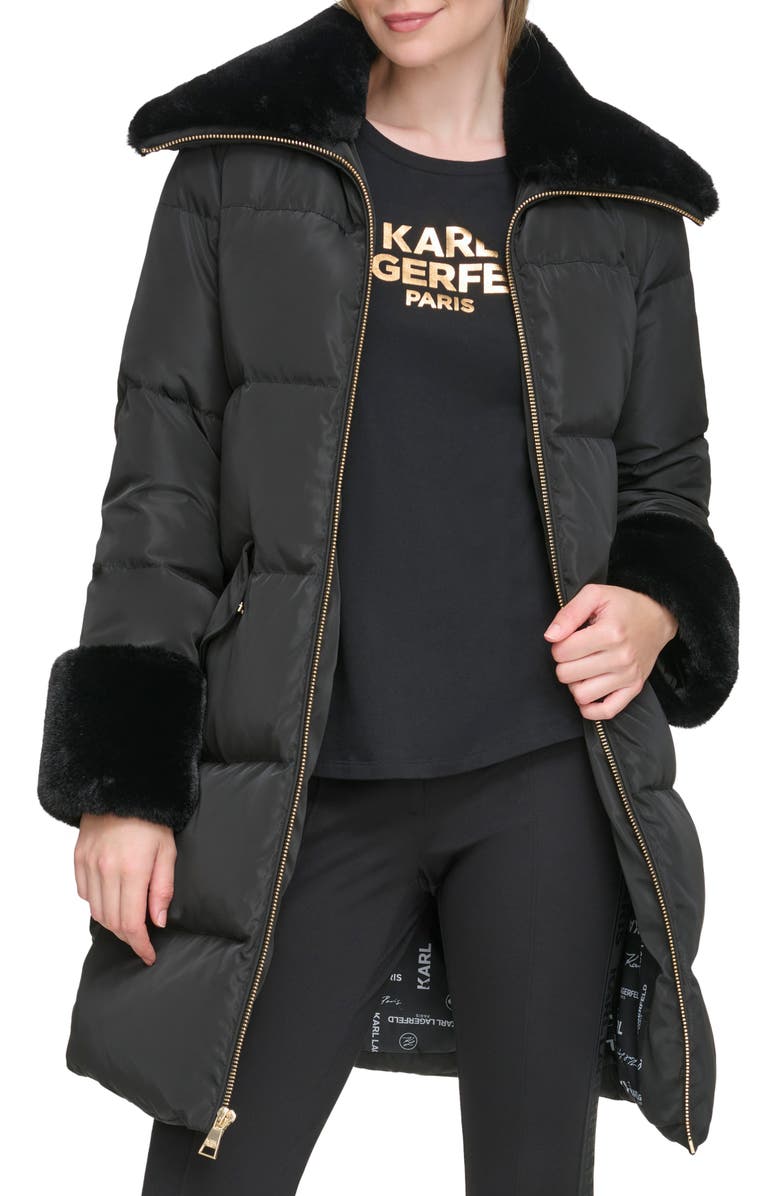 KARL LAGERFELD PARIS Down & Feather Puffer Coat with Faux Fur Trim, Main, color, 