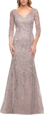 La Femme Stunning Lace Beaded Gown with Illusion Sleeves