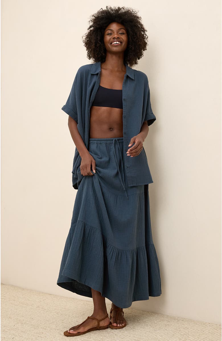 Pact Organic Cotton Coastal Double Gauze Tiered Maxi Skirt, Alternate, color, French Navy