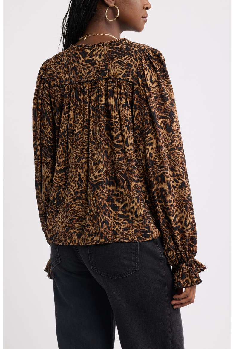 Floral Ruffled Button Front Shirt, Alternate, color, TAN- BLACK LEOPARD ABSTRACT