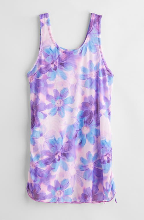 Zella Girl Kids' Print Mesh Cover-up Tank Dress In Pink Lavender Digital Daisies