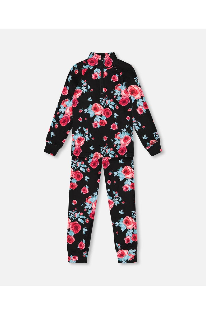 Deux par Deux Girl's Two Piece Thermal Underwear Set Black Printed Roses, Main, color,