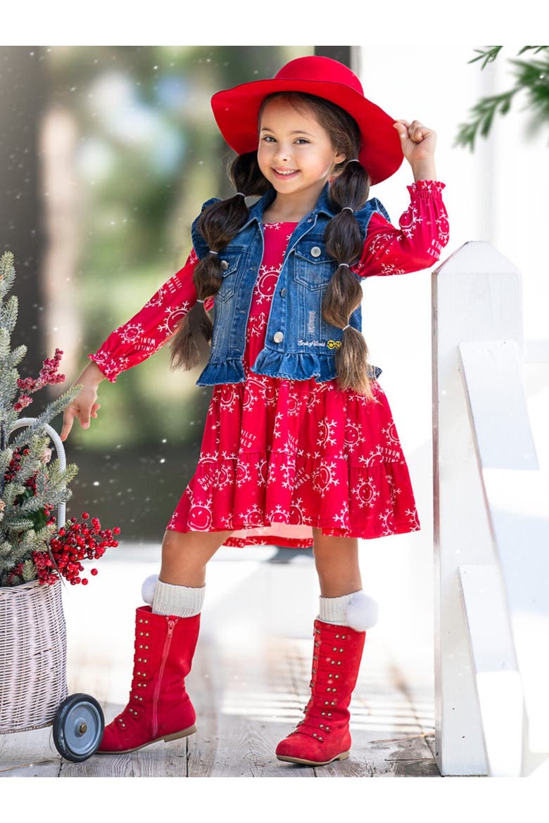 Girls SmileyWorld Happy Snowflake Denim Vest and Dress Set, Alternate, color, Red