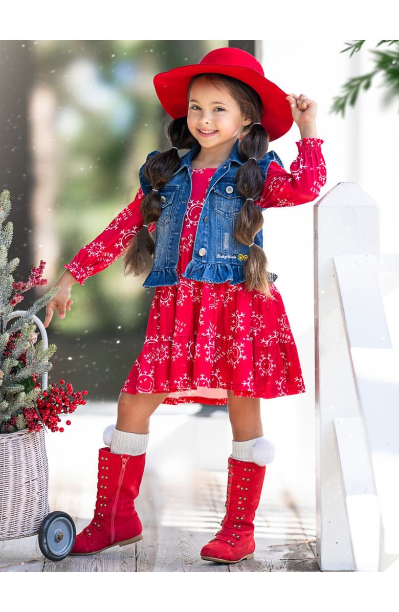 Mia Belle Girls Girls SmileyWorld Happy Snowflake Denim Vest and Dress Set, Alternate, color, 