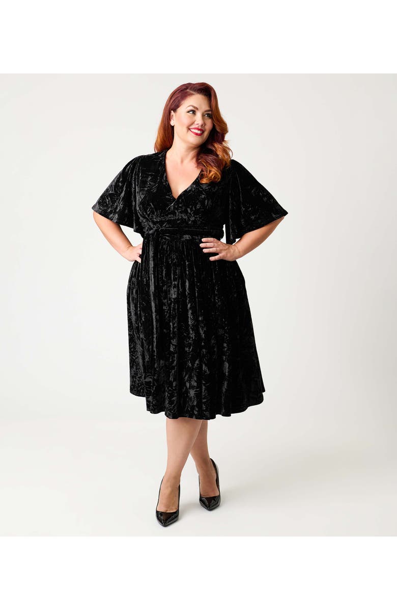Unique Vintage Plus Size 1940s Velvet Flutter Sleeve Swing Dress, Alternate, color, Black Velvet