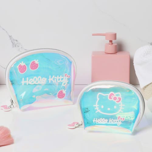 Hello Kitty Clear Iridescent Large And Small Dome Cosmetic Travel Bag Set In Brown