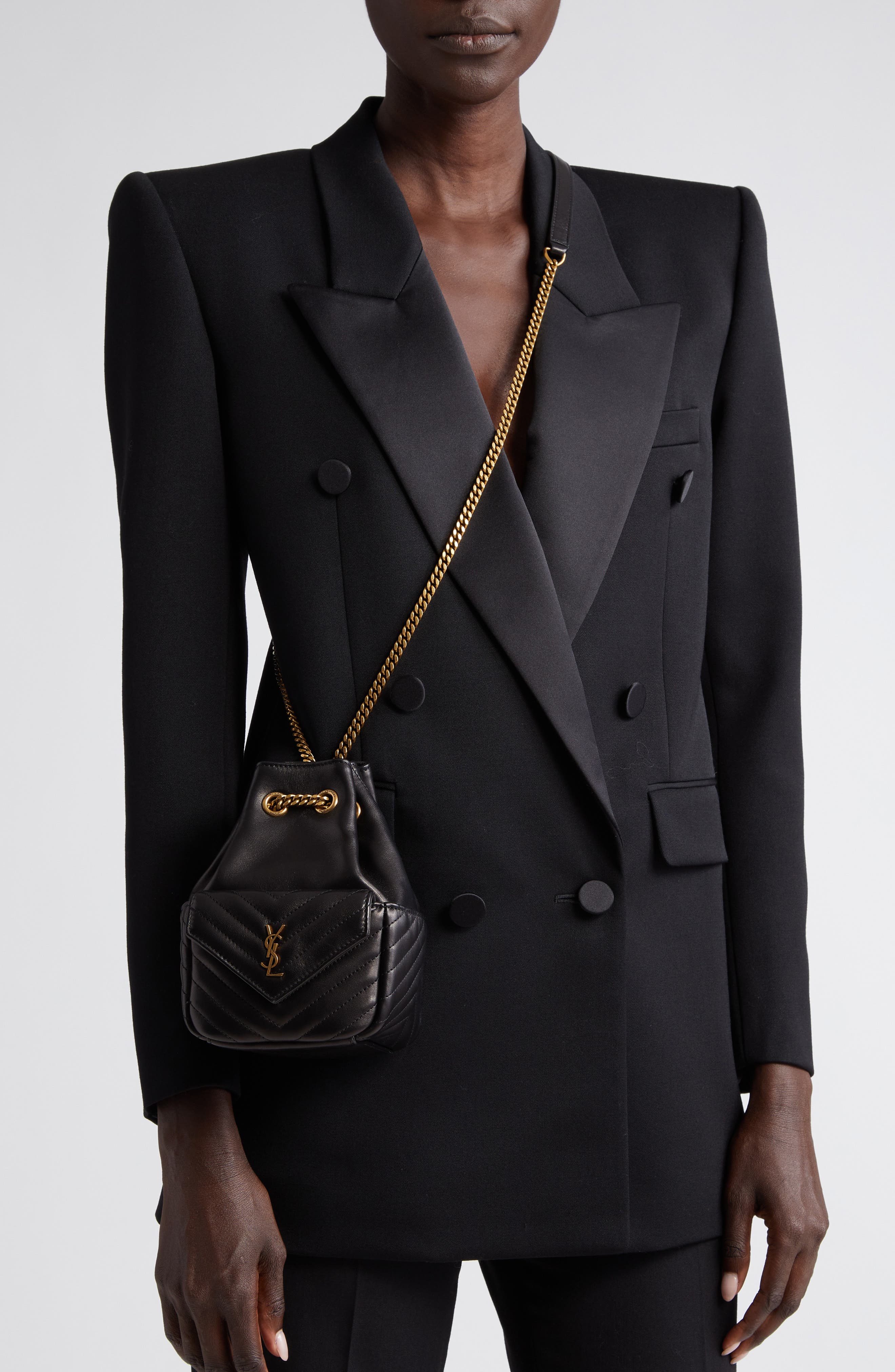 Saint Laurent Mini Joy Matelassé Leather Bucket Bag, Alternate, color, Noir