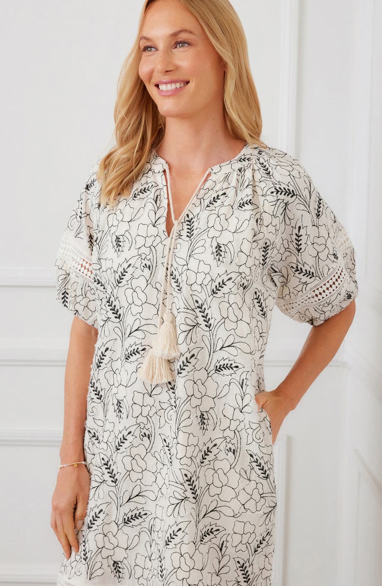 Karen Kane Floral Embroidered Tassel Cotton Dress, Alternate, color, Cream