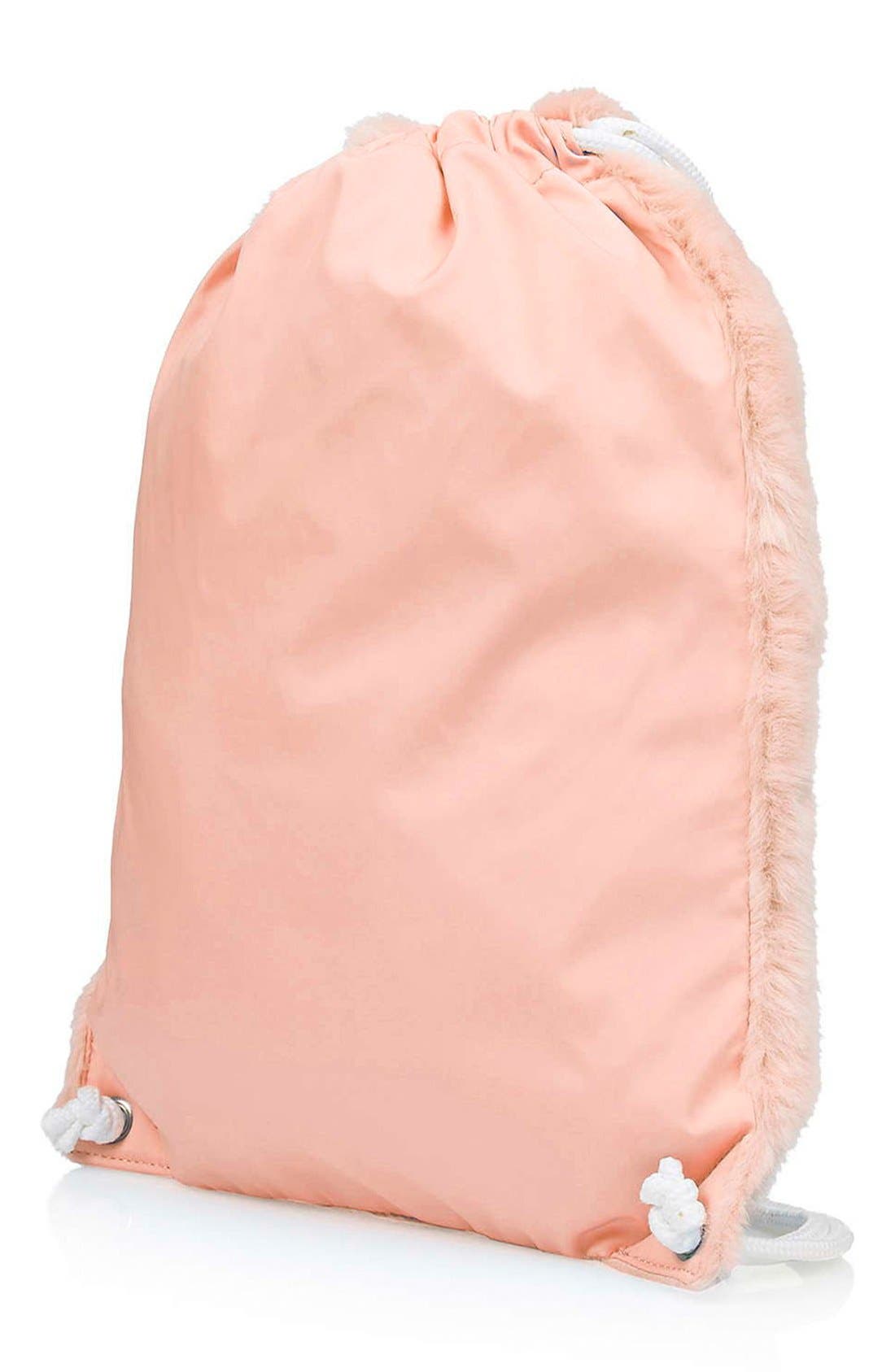 Faux Fur Drawstring Backpack, Alternate, color, PINK