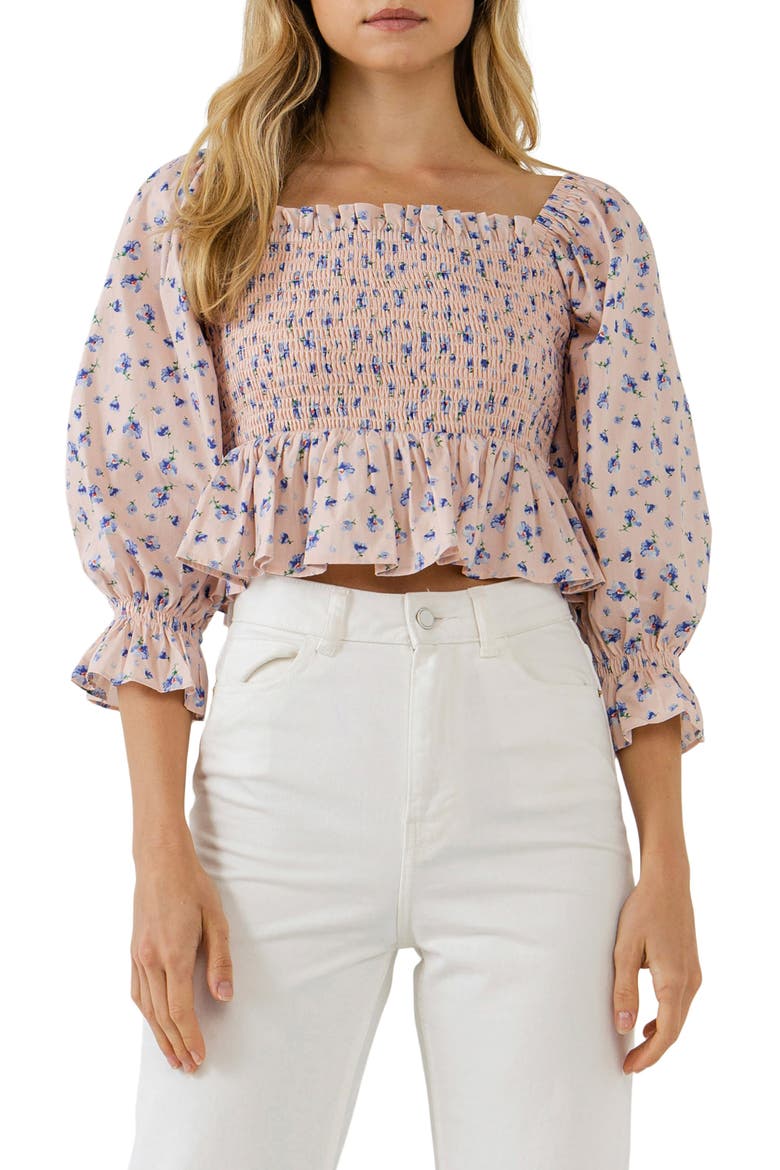 Floral Print Smocked Ruffle Top, Main, color, BLUSH