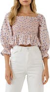 English Factory Floral Print Smocked Ruffle Top