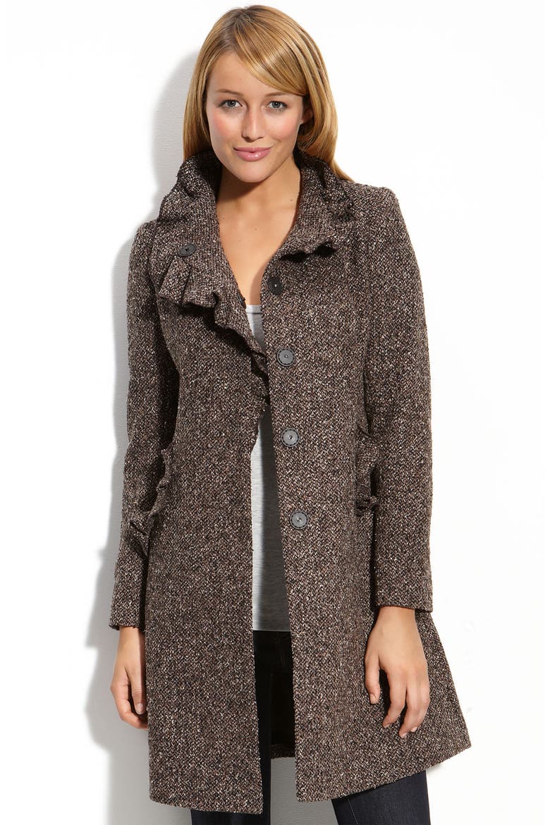 Ruffle Trim Tweed Coat, Alternate, color, BROWN MULTI