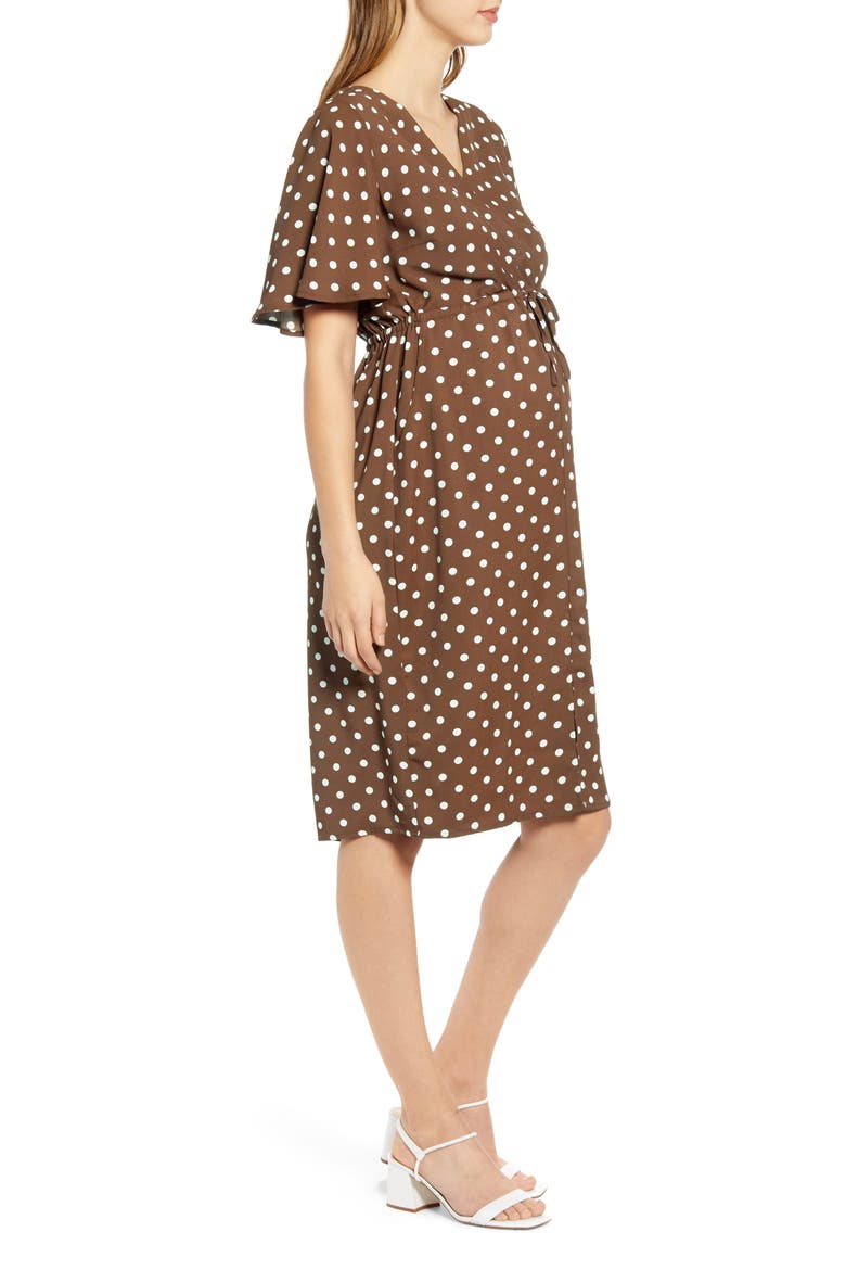 Bella Polka Dot Empire Waist Maternity/Nursing Dress, Alternate, color, BROWN